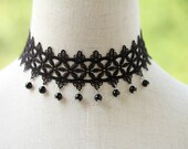 Victorian Gothic Lolita Black lace NECKLACE with Black Crystal  Vampire Queen Party Jewelry for Women - adjustable length 12.6" - 15"(NL010)