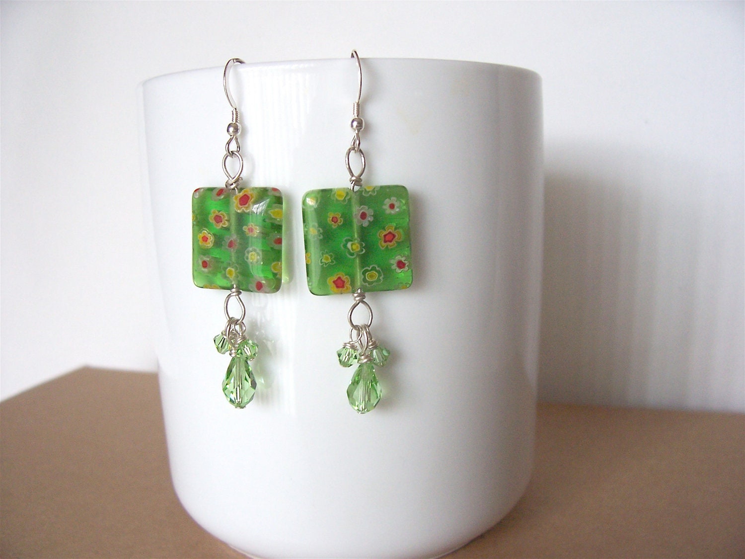 earrings, green earrings, Swarovski crystal earrings, millefiore earrings, ooak, spring fashion, May trends, great gift idea