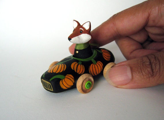 Pumpkin Car with Fox, Miniature Toy Auto, Autumn - Fall Colors, One-Of-A-Kind Toy, Seasonal Gift