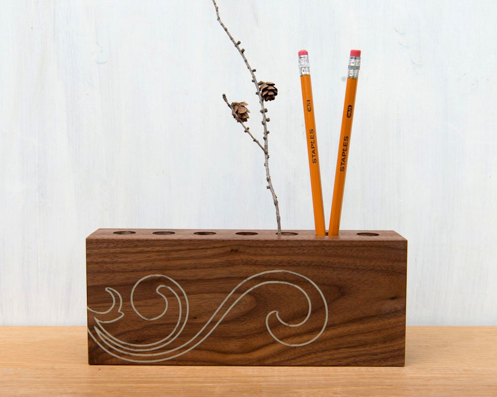 Modern Wood Desk Organizer - Ivory Scroll, 7 Hole, Black Walnut