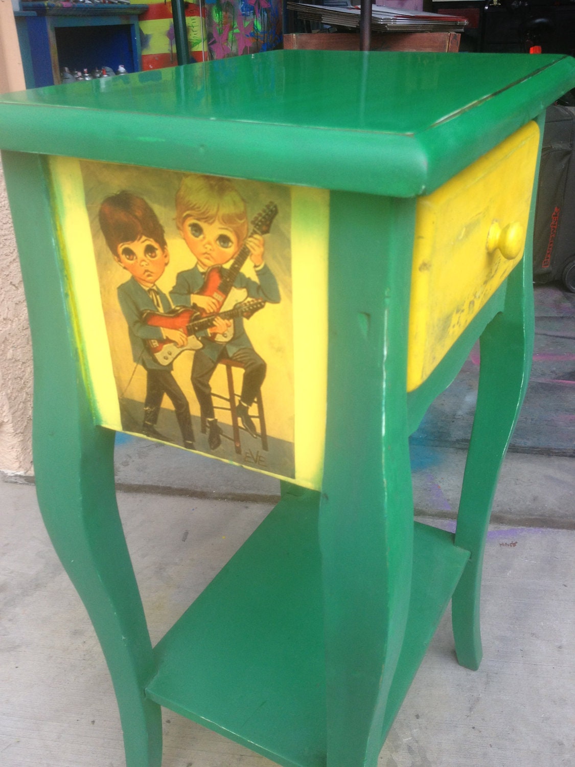 Furniture Nightstand Cabinet Mod Kids by Eve Upcycled Green and Yellow Side Table with Drawer