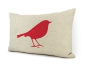 Bird pillow cover, Love, Romantic, Cottage chic decorative pillow -  12x18 natural beige pillow cover with red bird print