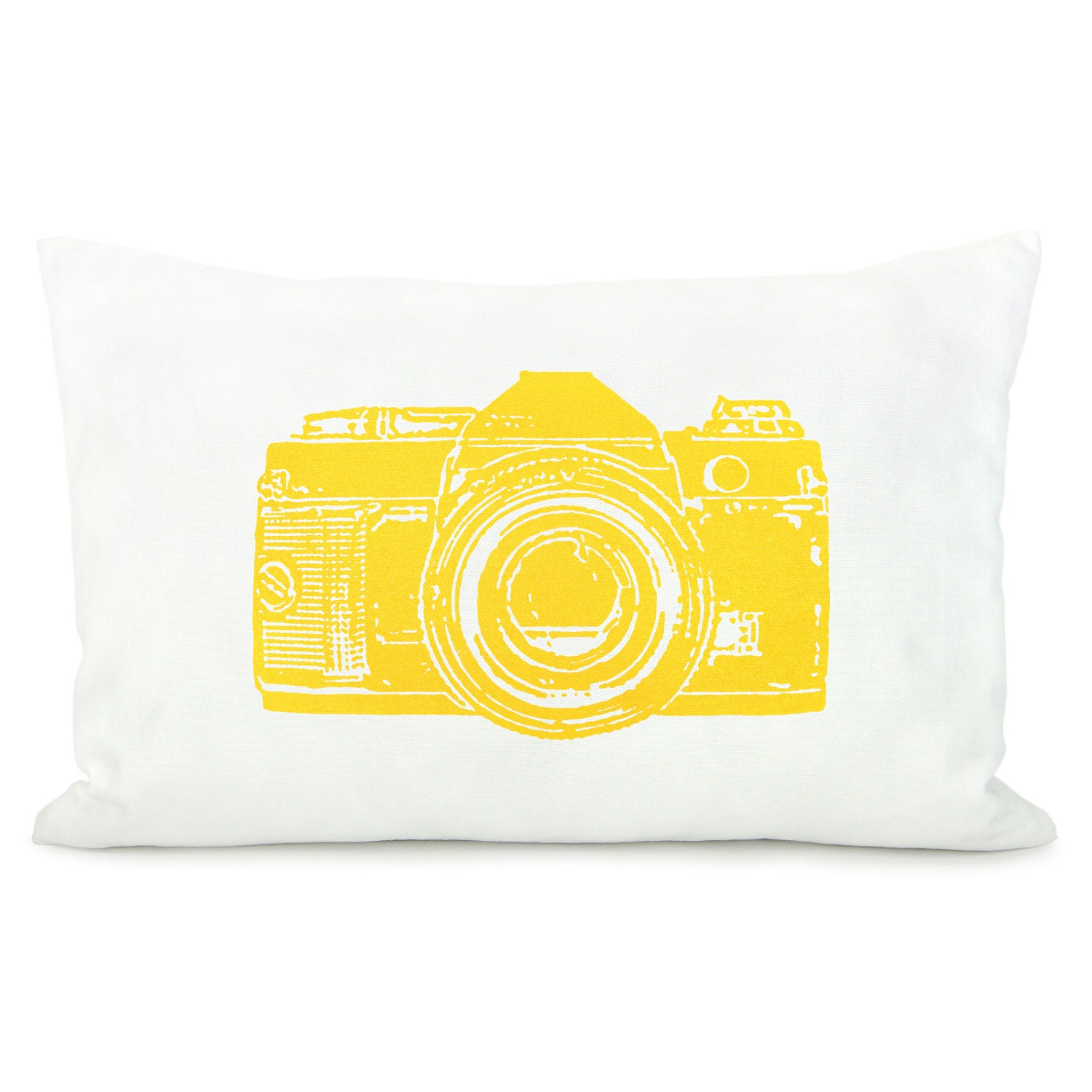 Camera pillow cover - Bright yellow vintage camera print on white cotton canvas fabric - 12x18 decorative pillow cover