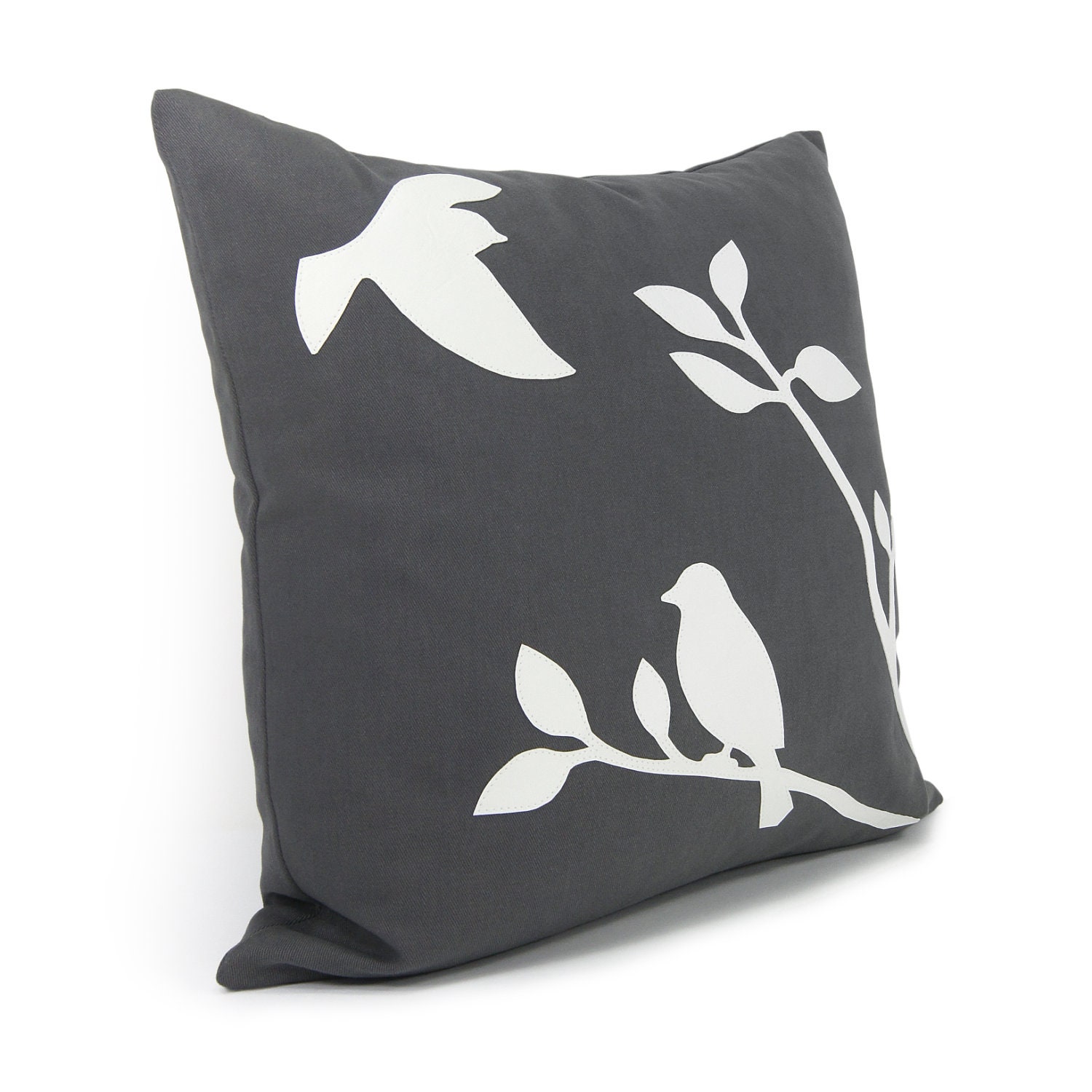 Love birds pillow cover - White birds in nature applique on charcoal throw pillow case - 16x16 birds decorative pillow cover