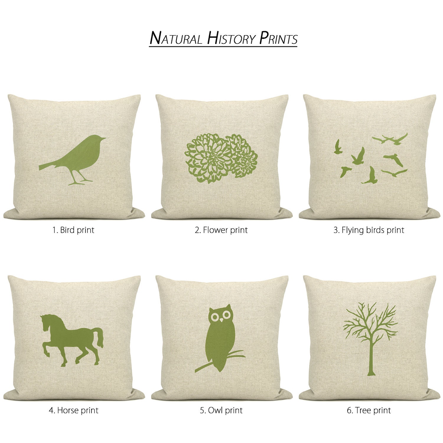 Personalized pillow cover, Custom pillow, 18x18 pillow cover - Apple green and natural pillow cover with any of our natural history prints