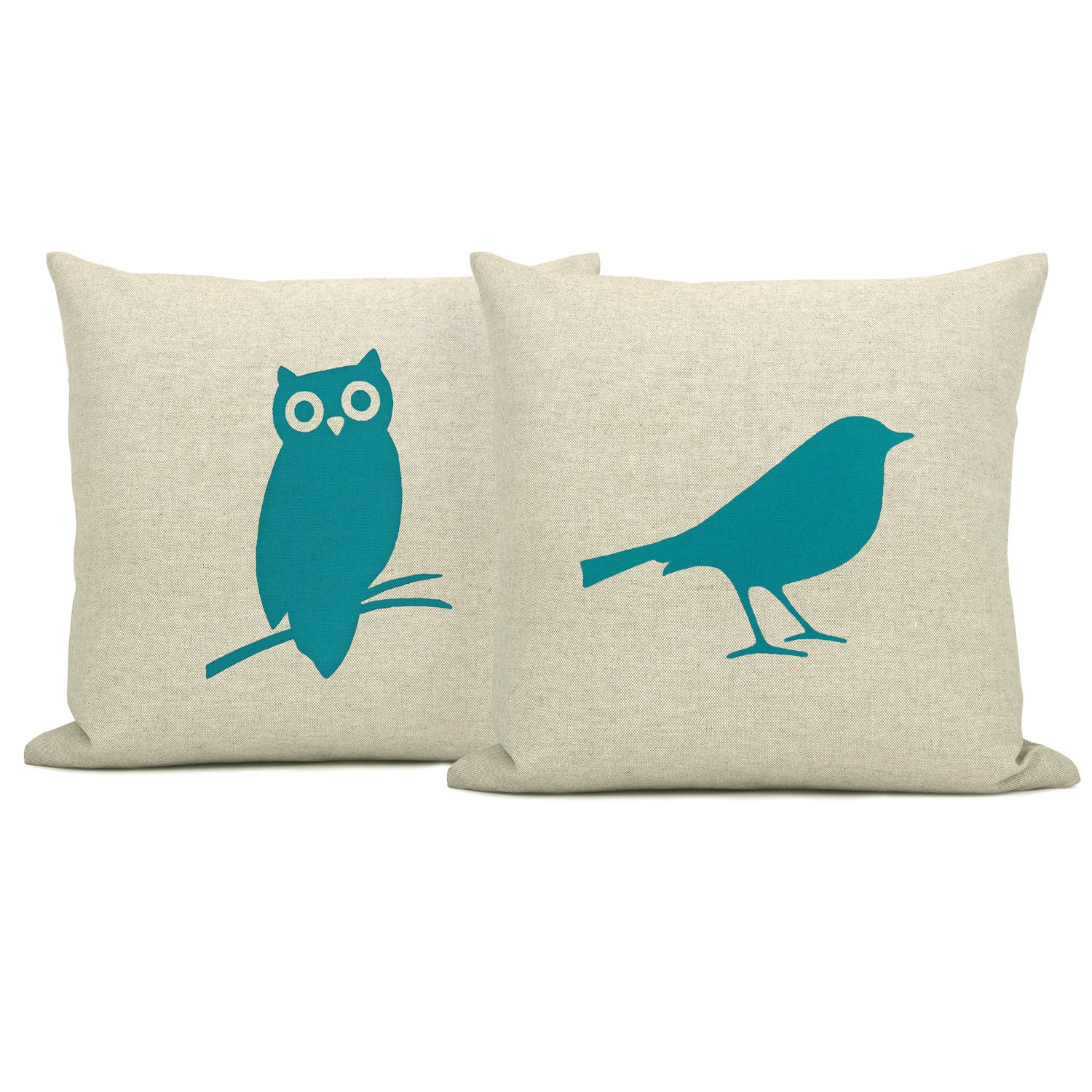 RESERVED - Owl pillow case, 16x16 pillow cover, Decorative throw pillow - Teal blue owl print on natural beige canvas and zebra print back