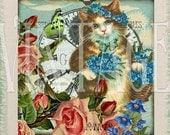 Quilting Square Vintage Cat Hand Printed Quilting Fabric for Patchwork. Cotton Fabric Square Quilt Block 6x6 inches. Design no:11