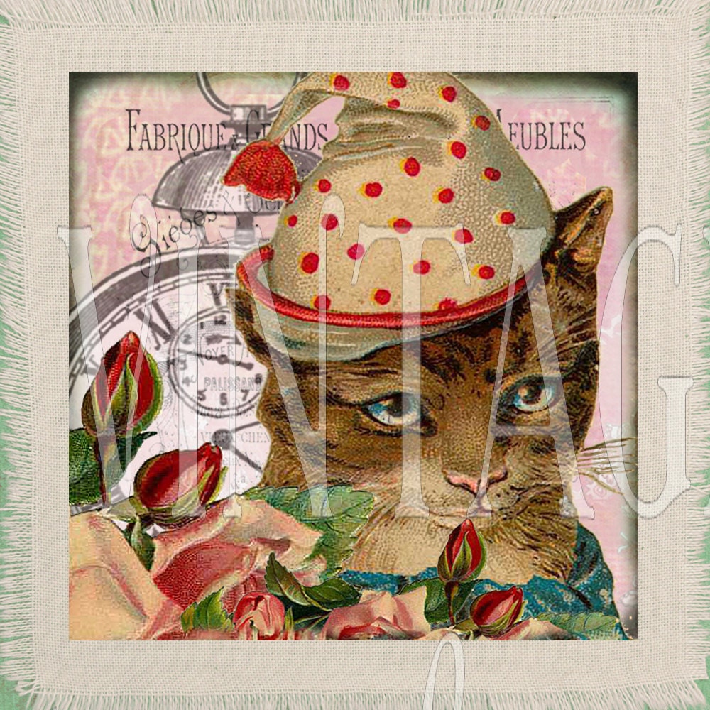 Quilting Square Vintage Cat in Hat Hand Printed Quilting Fabric for Patchwork. Cotton Fabric Square Quilt Block 6x6 inches. no:25