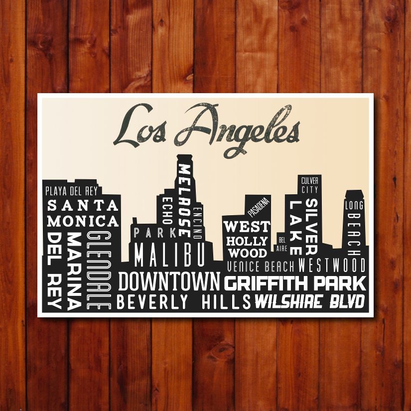 Black and White Print, Los Angeles Skyline, Wall Decor, Poster Print, Letterpress Style, Vintage Decor, Kitchen Art, 18x24
