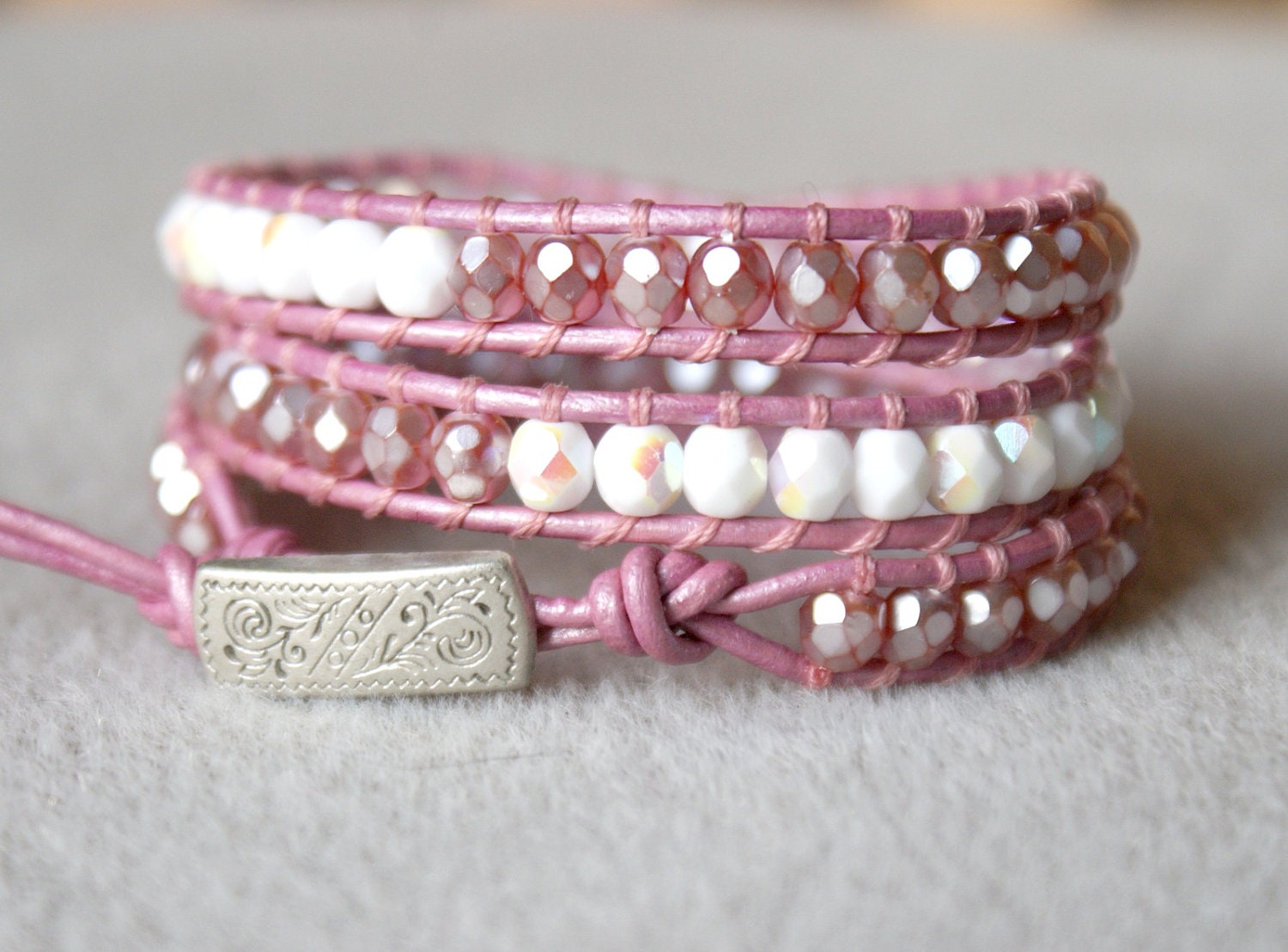 Metalic Rose bohemian sparkling beaded leather wrap bracelet, 3x Wrap bracelet, Chan Luu Style, rose, pink, white, opal, valentine's gift