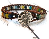 Boho Leather Wrap Multi Color Stone Bracelet/ Bold Color Squares/ Free Shipping/ Earthy Rainbow Boho Chic