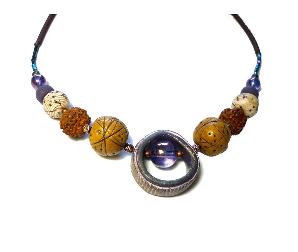 Polymer clay necklace - handmade Ethnic honey mustard beads - artisan made statement necklace - polymer clay