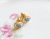 Shabby Chic Blue Rose Cameo Ear Posts- Vintage Style Floral Earrings