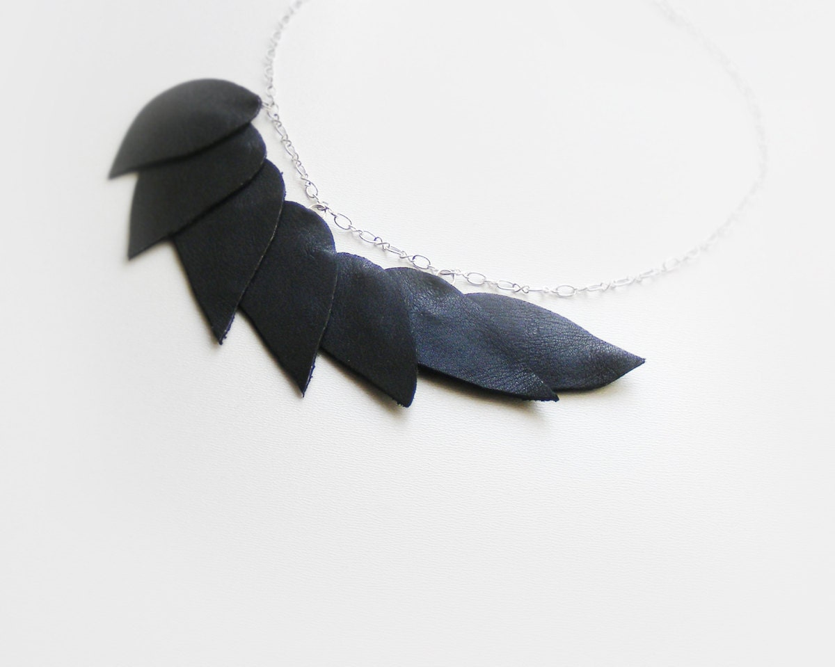 Black leather necklace, laurel leaf necklace, handmade jewelry, raven wing, natural leather necklace with chain