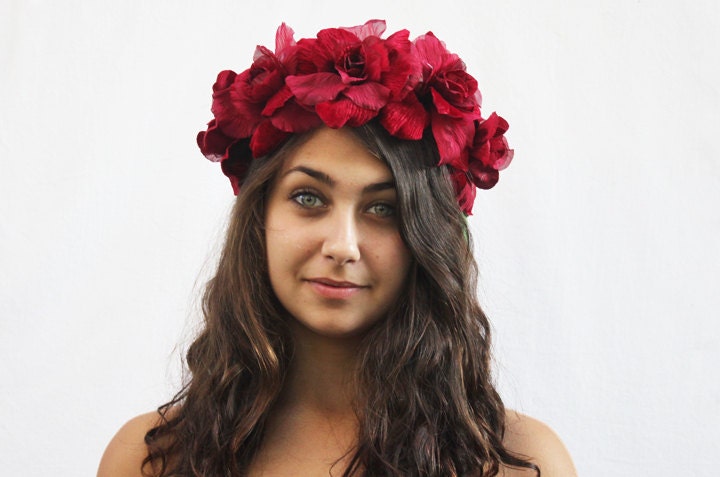 Garnet Rose Flower Crown - Valentines Day Accessory, Peace Ball, Red Flower Crown, January, Rose Headdress, Frida Kahlo, Gift Idea - BloomDesignStudio