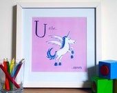 U is for UNICORN mounted print, nursery art, children's nursery wall art, letter U, abc baby decor, baby nursery , children's room decor