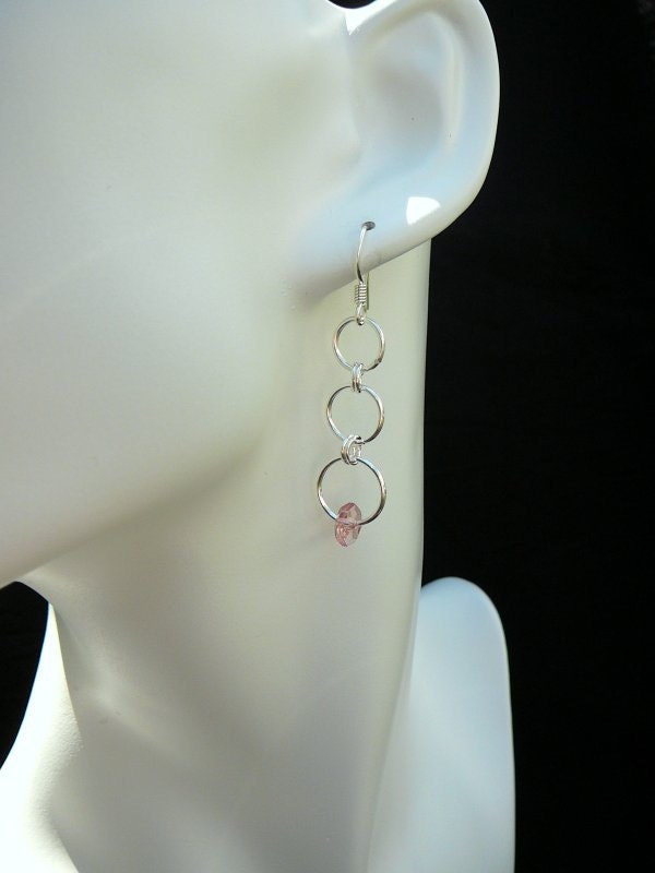 Graduated Silver rings dangle earrings with a touch of pink - Casual everyday wear jewelry - Free shipping to Canada & USA