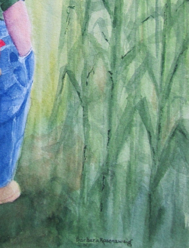 Boy Farmer, Barbara Rosenzweig, Art Print, Etsy, Reproduction of Original Watercolor Painting Autumn Cornfield