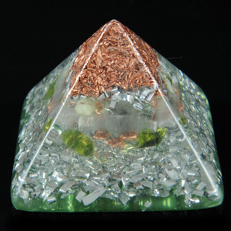 Orgonite Style Crystal Copper Peaked Pyramid .. Peridot, Rhodizite, Selenite & Copper Nuggets .. Orgone Positive Energy