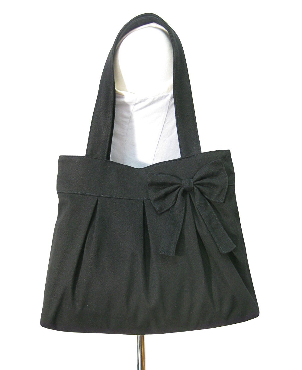 black cotton fabric purse with bow / canvas tote bag / shoulder bag / hand bag / diaper bag - zipper inside pocket