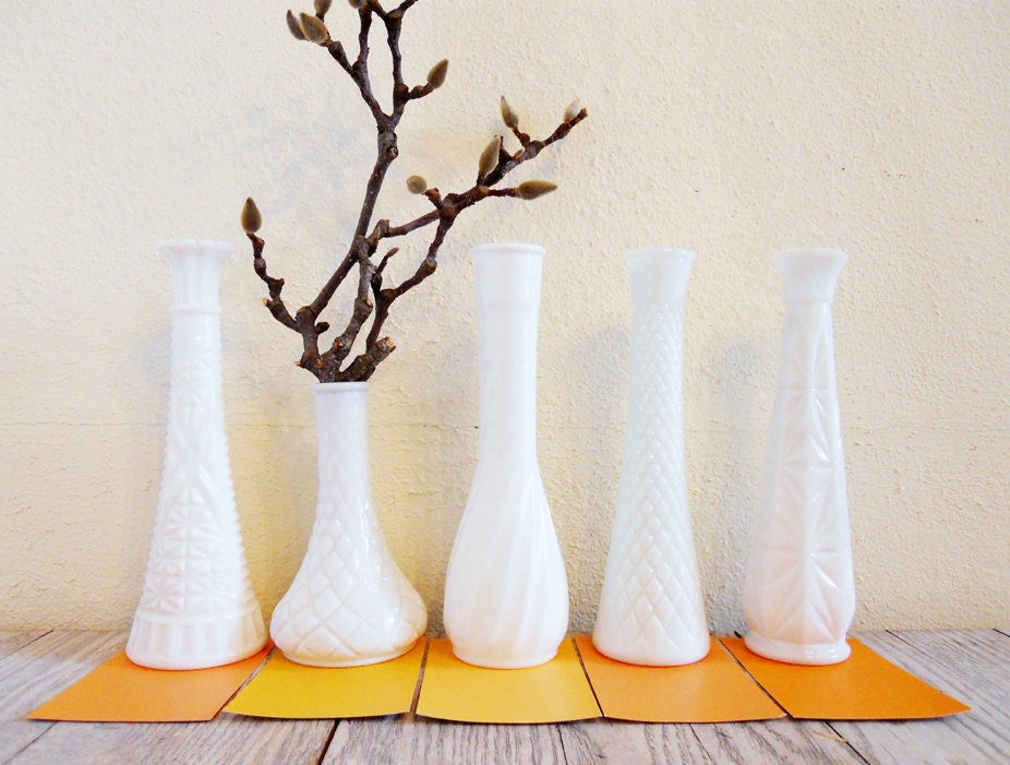 Collection of Five (5) Unique Milk Glass Vases - vintage