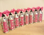 Quantity 8 Personalized aluminum water bottle with screw on lid and clip on carabiner - name or monogram and preppy polka dots, more colors