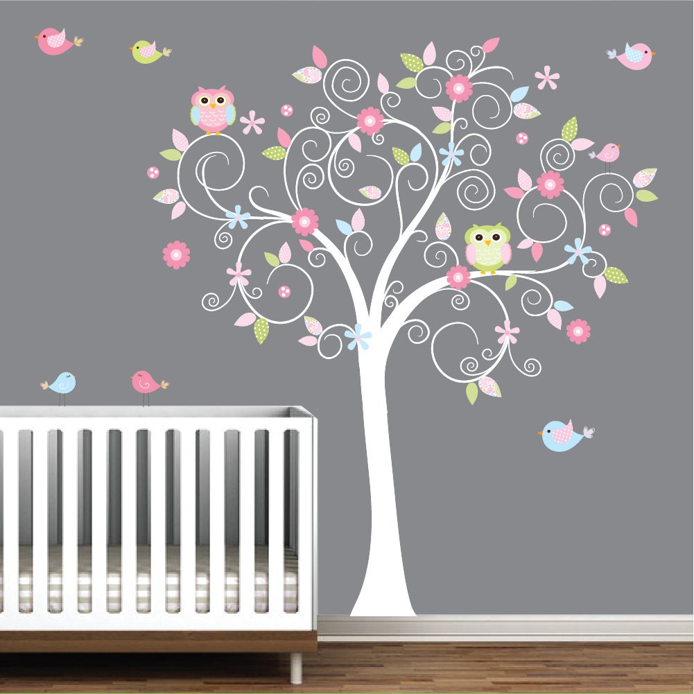 Children Wall Decals For Nursery- Tree with Flowers Owls Birds