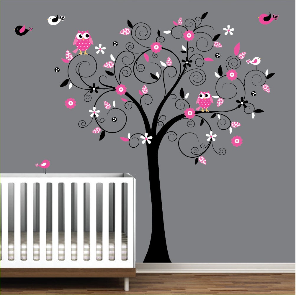 Nursery Decor Vinyl Wall Decals Tree with Flowers Owls