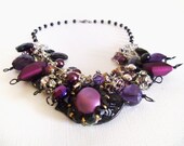 Statement Necklace Black and Plum Chunky Necklace for Women, Boho, Large with Black Bird Focal and Matching Bracelet