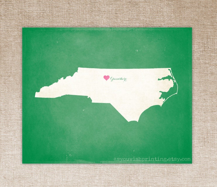 Customized North Carolina 8 x 10 State Art Print, State Map, Heart, Silhouette, Aged-Look Print