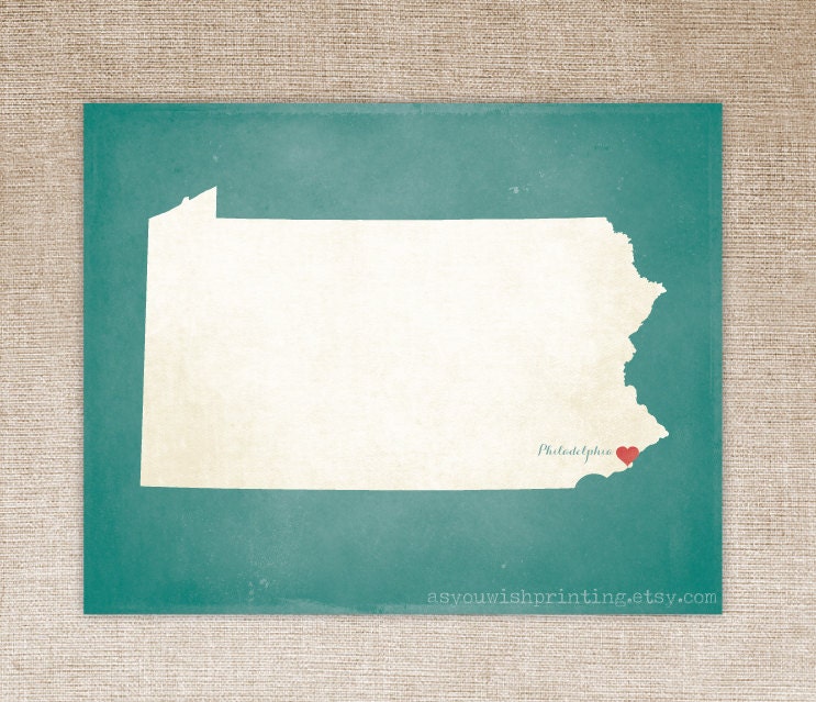 Customized Pennsylvania 8 x 10 State Art Print, State Map, Heart, Silhouette, Aged-Look Print