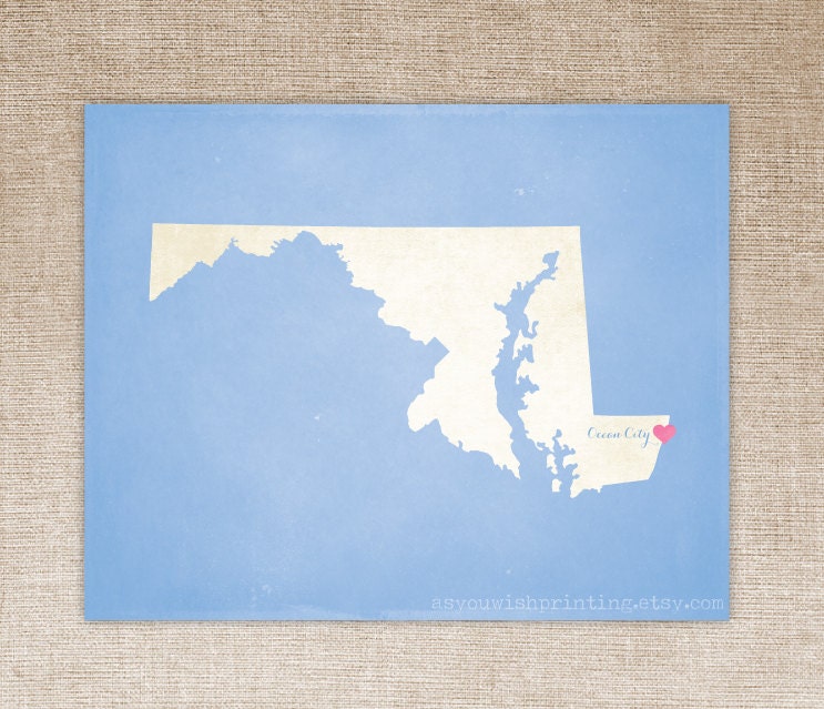Customized Maryland 8 x 10 State Art Print, State Map, Heart, Silhouette, Aged-Look Print