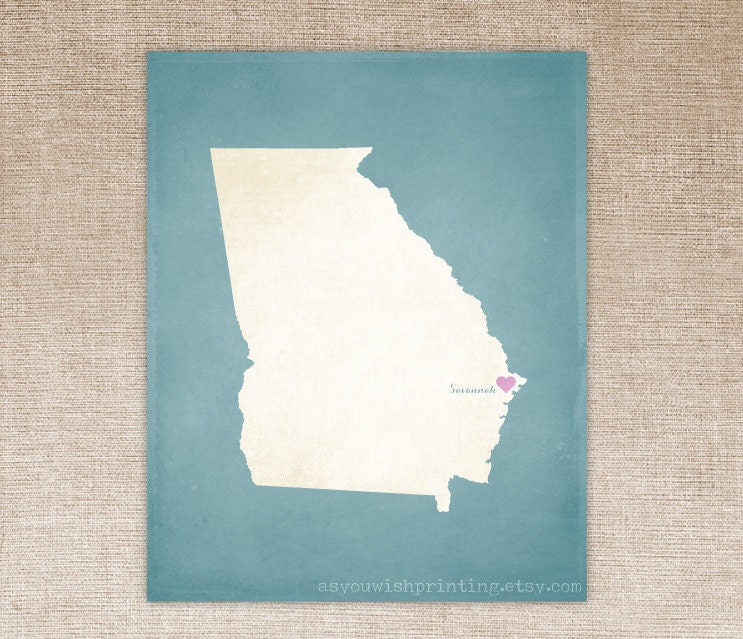 Customized Georgia 8 x 10 State Art Print, State Map, Heart, Silhouette, Aged-Look Print