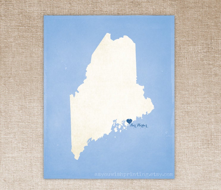 Customized Maine 8 x 10 State Art Print, State Map, Heart, Silhouette, Aged-Look Print