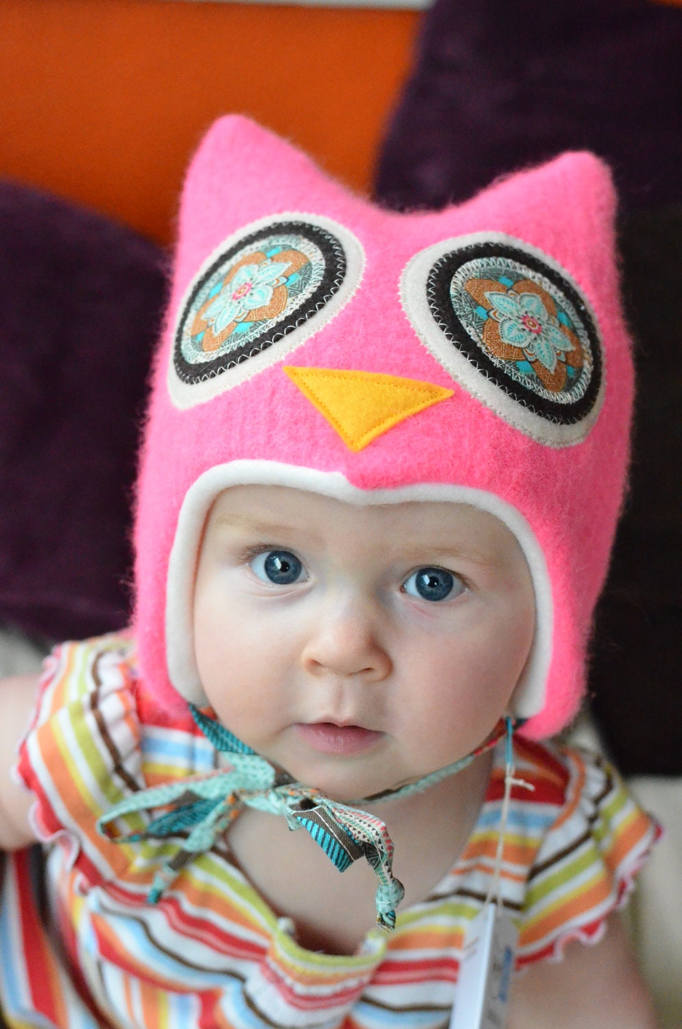 Hoo Hat -Upcycled Wool Owl Hat -Super Bright Pink Cable Knit Cashmere Blend -Size Small (17-18.5" head -age 6-12 months)