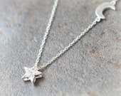 Shiny Star and Moon Necklace in silver