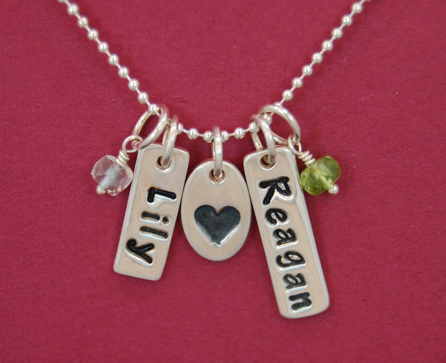 Double Custom Name Necklace With Heart & Birthstone - Two Names