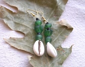 African Cowrie shell and green recycled glass Earrings by Fianaturals