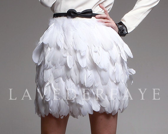 Couture White Goose Feather Knee Skirt - Laveder Faye