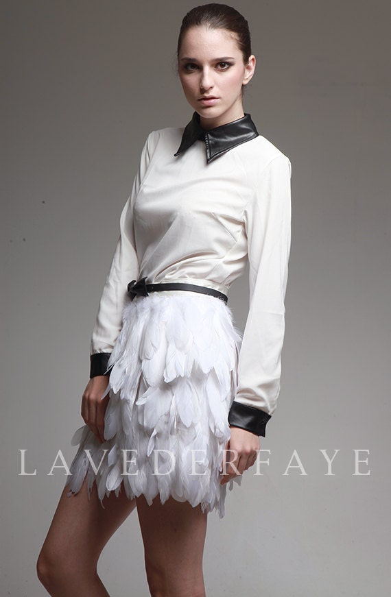 Couture White Goose Feather Knee Skirt - Laveder Faye
