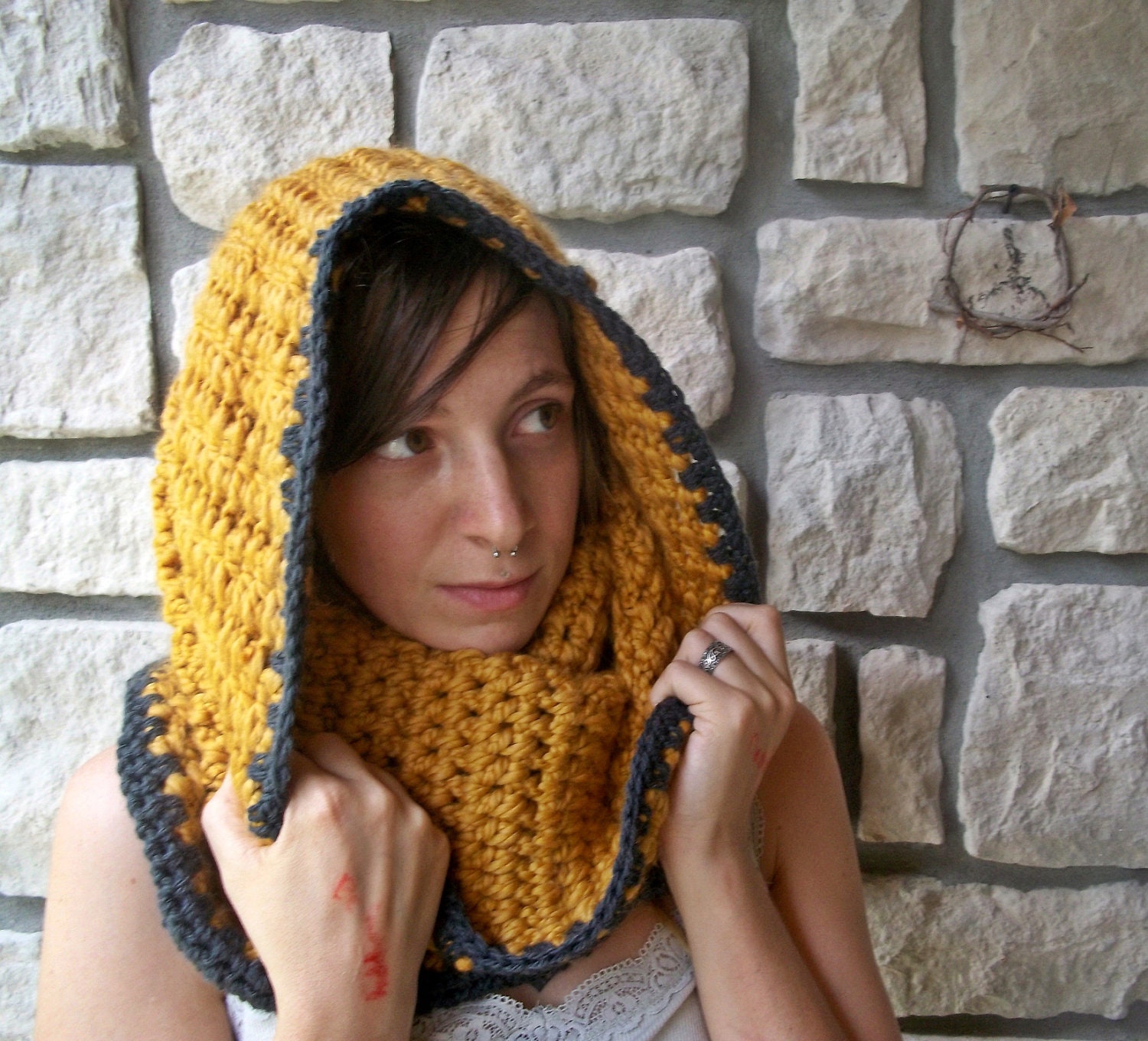 Mustard Yellow Cowl / Crochet Wool Blend Scarf / Winter Accessories