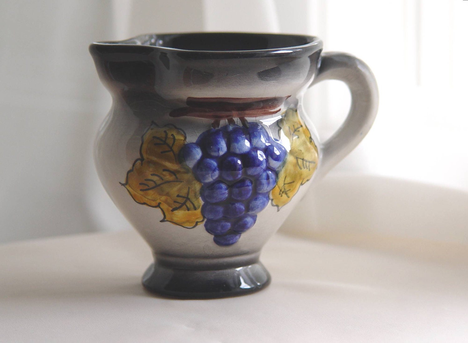 Vintage Ceramic Painted Pitcher Creamer  -- Shabby Chic -- Grapes Cluster