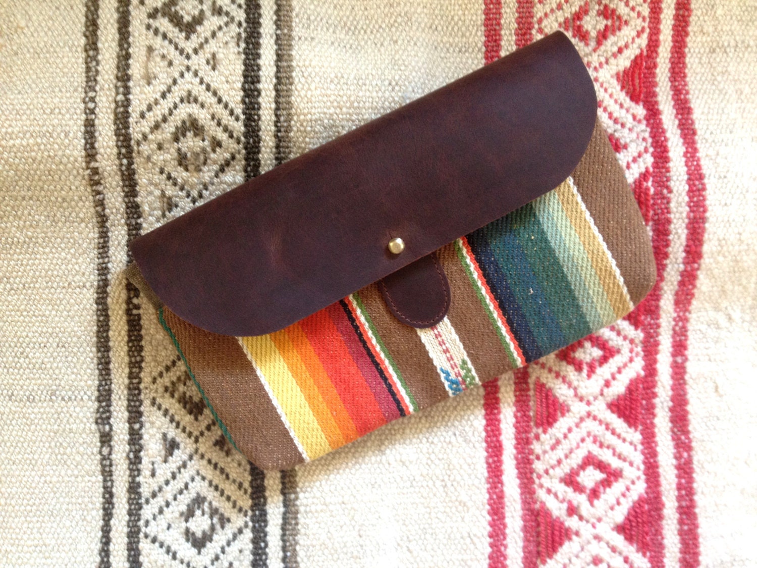 The Shelburne Clutch // Bright Rainbow Stripe and Waxed Canvas with Soft Chocolate Brown Leather Closure