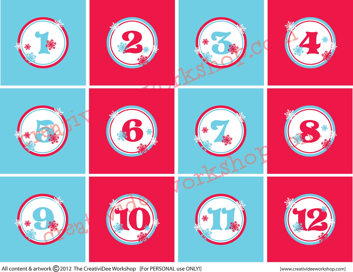 Printable Let it Snow Holiday or Advent Calendar Countdown - 24 Numbers & Matching Daily Activity Cards- Red and Aqua
