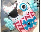 Pirate Owl Plushie - Red White Teal Chevron Skull Crossbones