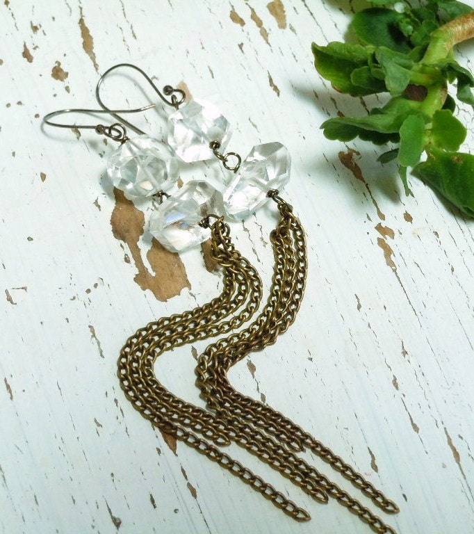Crystal Quartz Earrings - Long Tassel Chain Dangles - Shoulder Dusters - Boho - Goddess