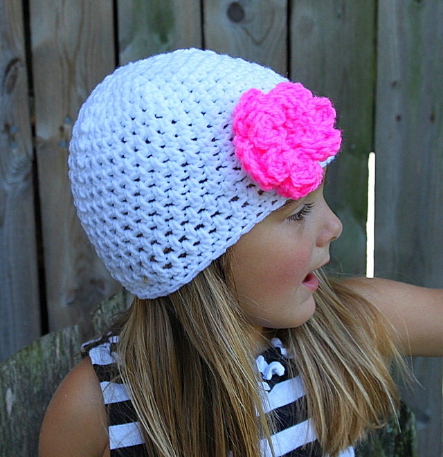 Crochet Hat - Beanie Flower Hat - Crochet Toddler Beanie - Neon Pink - Neon Hat - Girls Pink  White Neon
