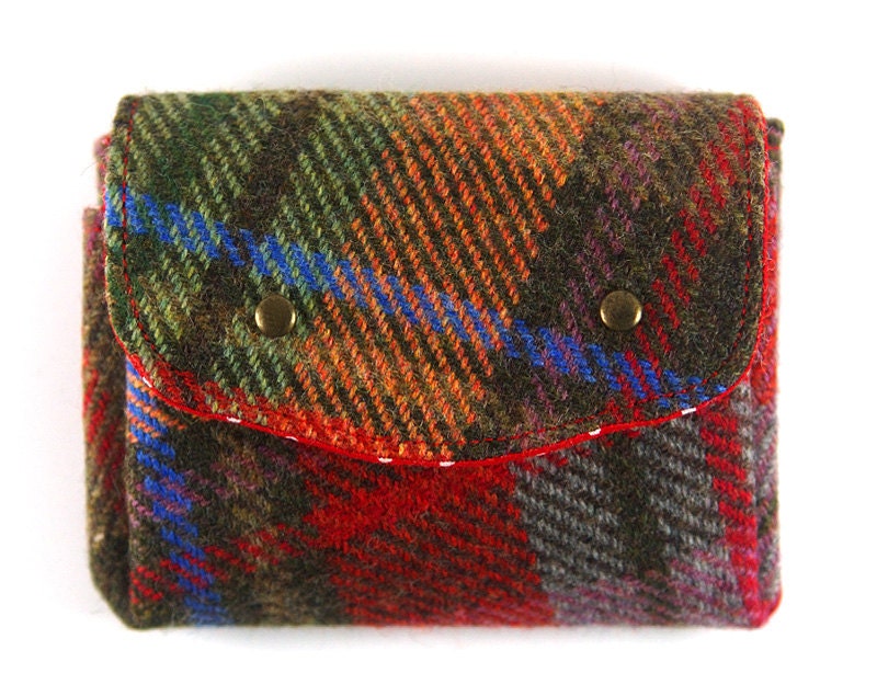 Plaid Wool Wallet. Small Folding Coin Purse. Tartan Tweed Wallet. Handwoven in Ireland. Tartan Wool Wallet Purple Orange Green Brown Red