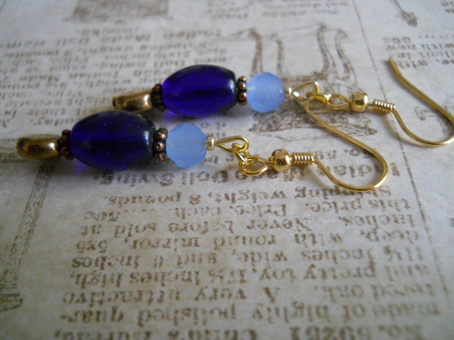 Dangle Earrings, Blue Earrings, Copper Earrings, Sky Blue Earrings, Navy Blue Earrings, Dark Royal Blue Glass Beaded Jewelry