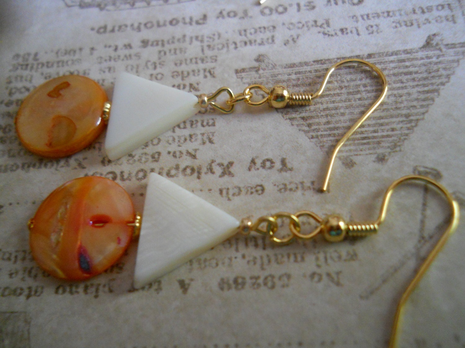 Eco-friendly Earrings, Tangerine Earrings, Orange Earrings, Orange Shell Earrings, Mother of Pearl Shell, Gold White Shell Beaded Jewelry